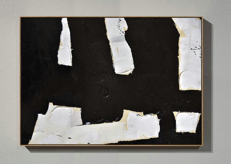 Horizontal Palette Knife Minimal Canvas Art Painting Black White Beige,Contemporary Art Wall Decor #I0I4